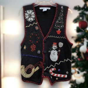 Victoria Jones Ugly Christmas Sweater Vest Button Up Women Sz M Beads Snowman